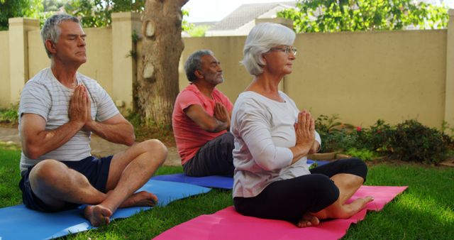 A diverse group of senior individuals practices yoga outdoors, sitting on mats in a peaceful garden setting, with copy space. They demonstrate a focus on health and wellness through meditation and exercise.