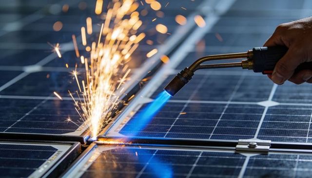 Technician brazing metal joints on solar panels with blue torch and flying sparks