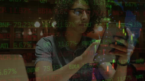 Analyst Observing Digital Finance Data with Tablet Overlay