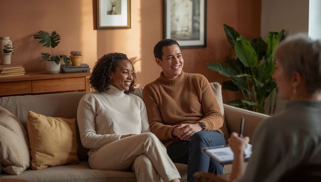 Couple receiving relationship counseling with therapist taking notes in cozy sunlit living room