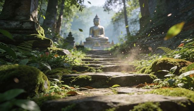 Sunlight filtering through trees illuminating seated buddha on mossy stone steps
