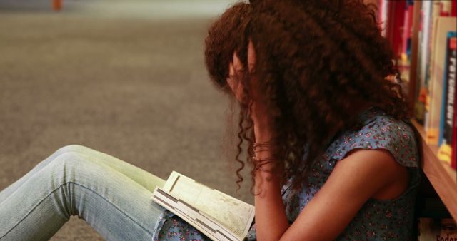 Young girl sitting on library floor holding her head in frustration, looking at book. Ideal for visuals related to school stress, education systems, mental health of students, library environments, or youth struggles with learning.