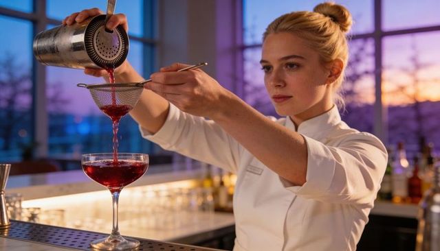 Bartender pouring and straining red cocktail into coupe glass at sunset bar lounge