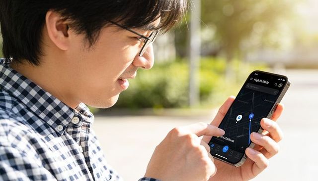 Asian man wearing glasses and checkered shirt, using smartphone map app in sunny park