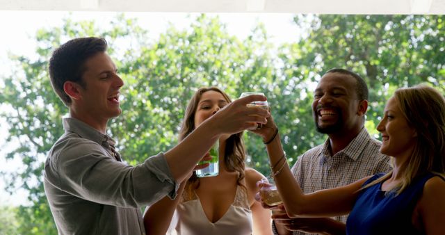 Group of friends enjoying a summer outdoor gathering, clinking their glasses together in celebration. Perfect for advertising social events, parties, friendship themes, and summer activities.