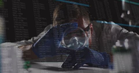 Forensic examiner inspecting glass evidence under magnifier with data overlay in laboratory