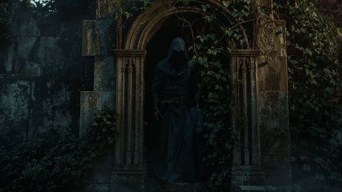 Hooded Figure in Misty Stone Archway Creates Mysterious Atmosphere