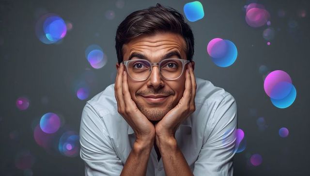 Thoughtful young man wearing clear glasses leaning on hands with iridescent bokeh lights