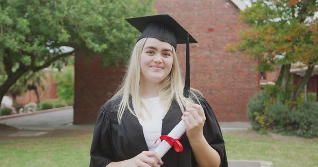 Young woman is celebrating her graduation in an outdoor setting while holding her rolled-up diploma. She is smiling and dressed in a traditional graduation gown and cap. This photo can be used in educational materials, graduation-related promotions, school or college marketing, and inspirational content about academic achievement and success.