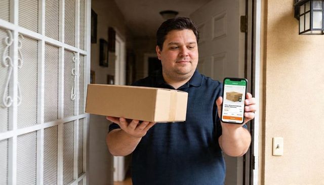 Delivery courier showing smartphone while holding parcel at home entrance