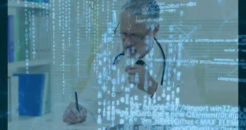 Doctor Analyzing Data With Digital Code Overlay for Health Assessment