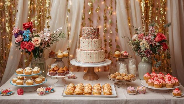 Elegant dessert table display with tiered cake and cupcakes for celebratory event