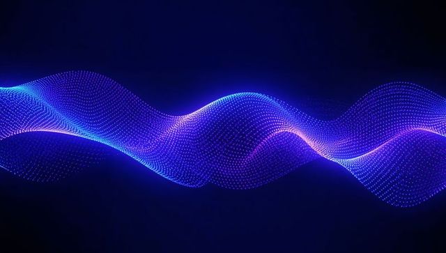 Flowing Neon Particle Wave With Glowing Dots and Mesh Grid for Digital Data Visualization