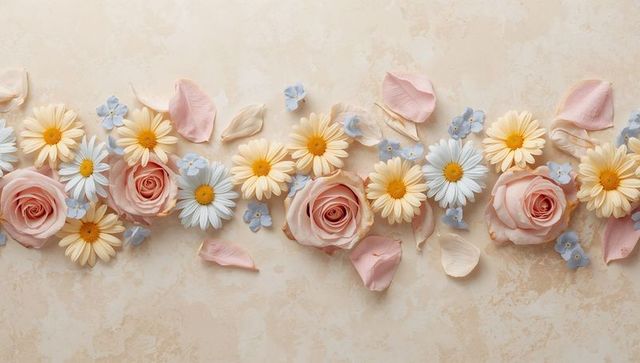 Pastel rose and daisy flatlay lining beige marble with scattered blush petals