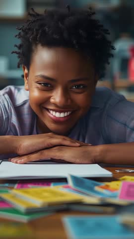 Vertical video: Smiling student lifting head, studying with colorful notes, joyful learning