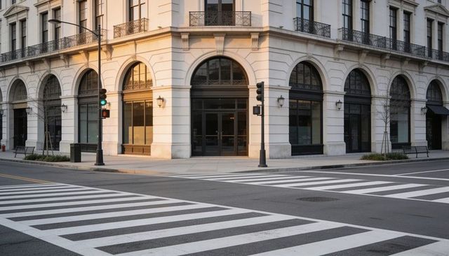 Sunlit neoclassical corner storefront with arched windows and zebra crosswalk