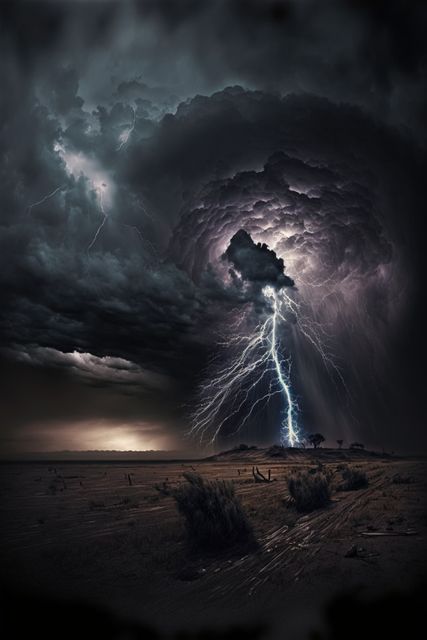 Dramatic Lightning Storm Illuminating Night Sky over Desert Landscape - Download Free Stock Images Pikwizard.com