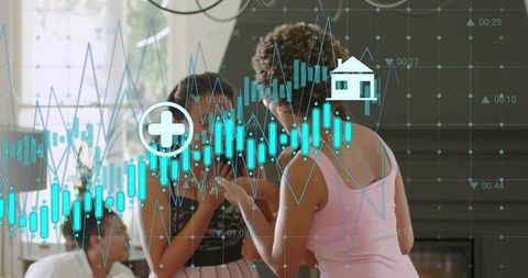 Family discussing household finances and healthcare planning with data overlay