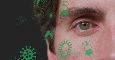 Close-up Eye with Floating Pandemic Symbols Illustrating Virus Awareness