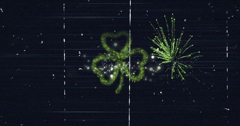 Neon Green Digital Four-Leaf Clover and Futuristic Fireworks