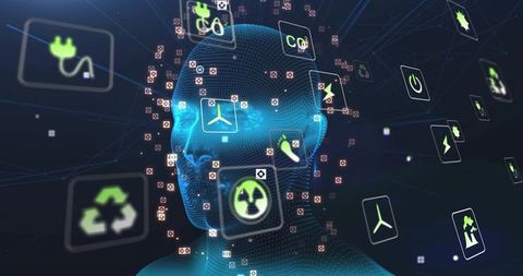 Futuristic Digital Human with Energy Icons in Network