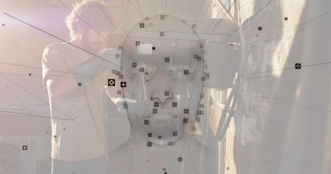 3d mesh head with technician in technology studio