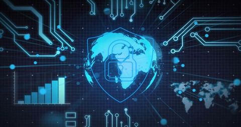 Cybersecurity Digital Globe with Lock Symbol Shielding Network Connections