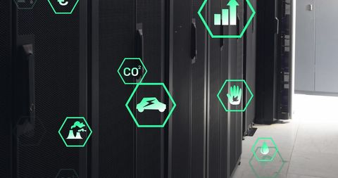digital interface in modern server room with floating icons - Download Free Stock Images Pikwizard.com