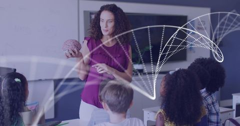 Innovative science teacher demonstrating brain model to engaged children