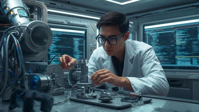 Engineer assembling precision robotic components at stainless bench with robotic arm