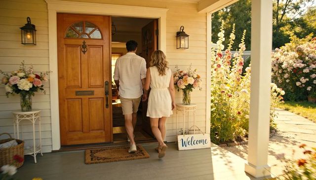 Couple walking into sunlit porch, entering home through wooden door with welcome sign
