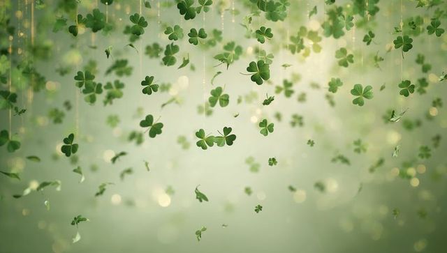Floating shamrock confetti and drifting clovers with golden bokeh and ethereal green glow