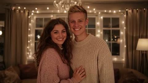 Smiling Couple Embracing Cozy Ambience with Fairy Lights