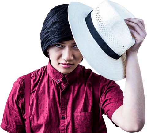 Hipster man wearing straw hat with expression of confidence in cutout
