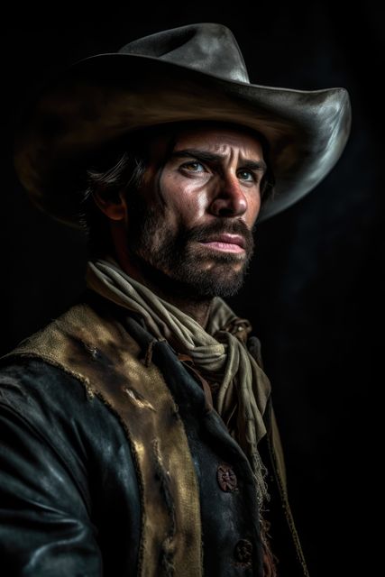 This portrait of a western cowboy in a hat conveys an intense and rugged look. Ideal for use in marketing materials for country-western themed events, historical reenactments, costume designs, or advertisements promoting rustic and countryside lifestyles. Great addition for projects needing a strong, confident male archetype.