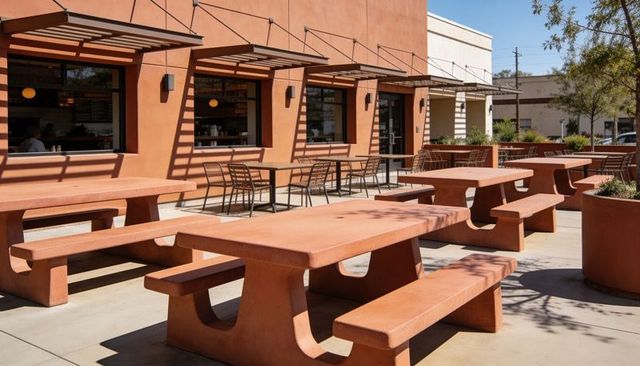 Terracotta picnic tables lining sunlit outdoor cafe patio with pergola awnings