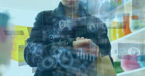 Woman Checking Smartwatch with Futuristic Digital Data Interface