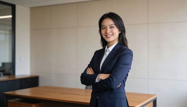 Confident asian businesswoman standing with arms crossed smiling in modern office