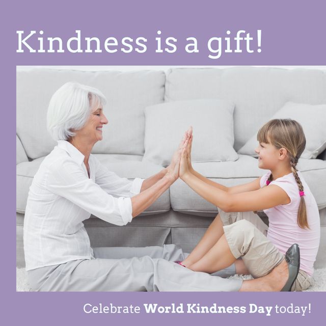 Composition of world kindness day text over caucasian grandmother and granddaughter playing. World kindness day, love and relationships concept.