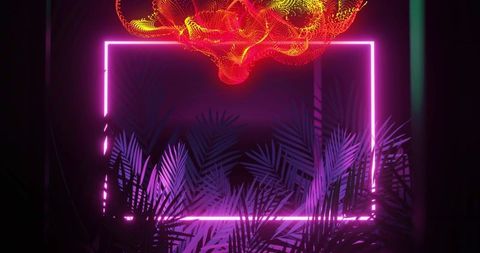 Glowing neon rectangle framed by purple palm fronds and red particle cloud
