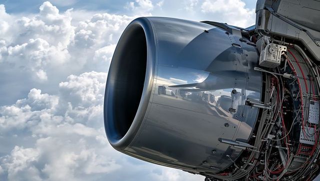 Revealing turbofan engine nacelle with open cowling exposing wiring bundles over clouds