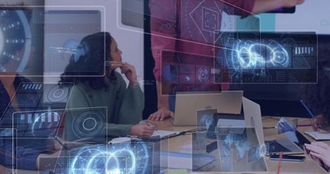 Team Collaborating Around Holographic Interfaces During Tech Presentation and Brainstorming