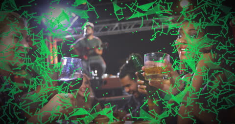 Diverse Friends Celebrating in Vibrant Bar with Tech Overlay