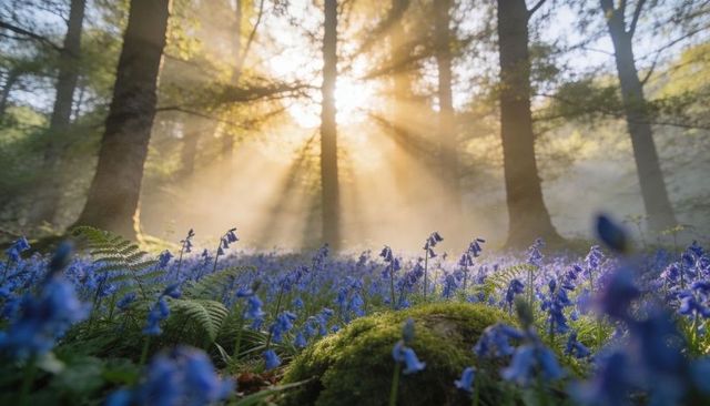 Sunlit bluebell carpet in misty forest with golden morning sunbeams and fern foreground