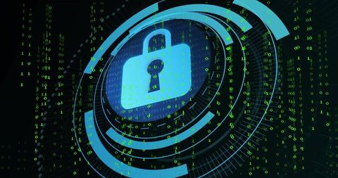 Glowing cyan padlock securing digital network, neon HUD rings and streaming binary code