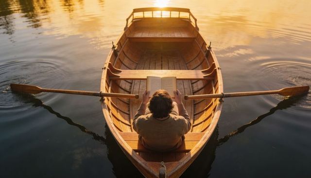 Man reading book in wooden rowboat at sunset on calm lake, golden hour solitude