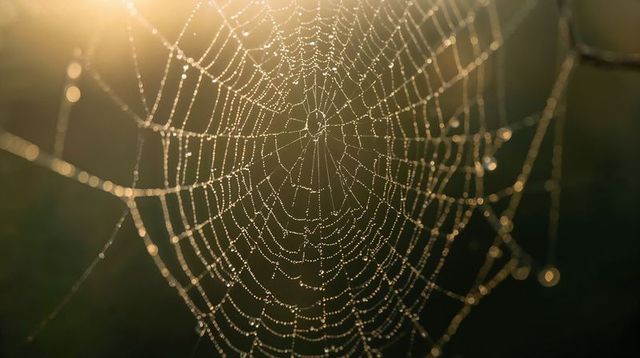 Dew-Dotted Orb Spider Web Glowing in Warm Morning Sunlight Backlit Macro Bokeh