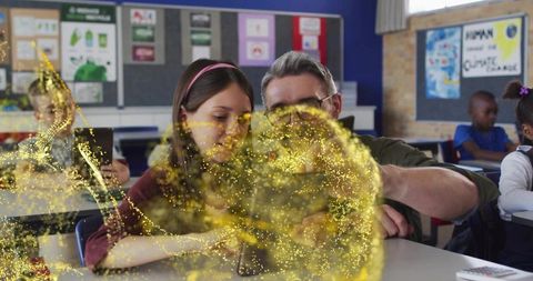 Teacher and student exploring augmented reality on tablet with golden particle effect