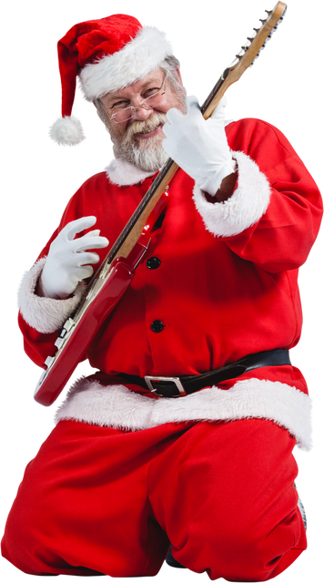 Cheerful Santa Claus Kneeling and Playing Guitar on Transparent Background - Download Free Stock Videos Pikwizard.com