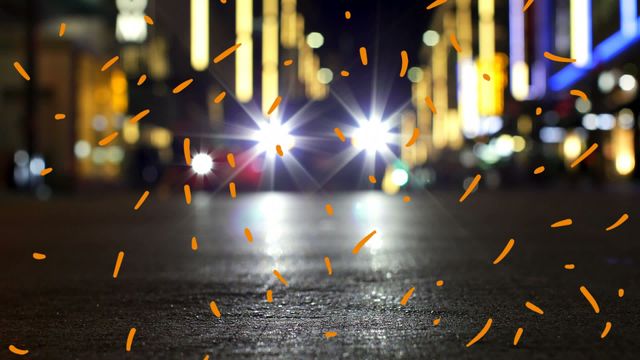 Vibrant urban scene depicting blurred city lights and moving traffic at night, enhanced by animated confetti. Illustrates busy urban lifestyle and celebratory aspect, great for concepts related to nightlife, celebrations, and city living.